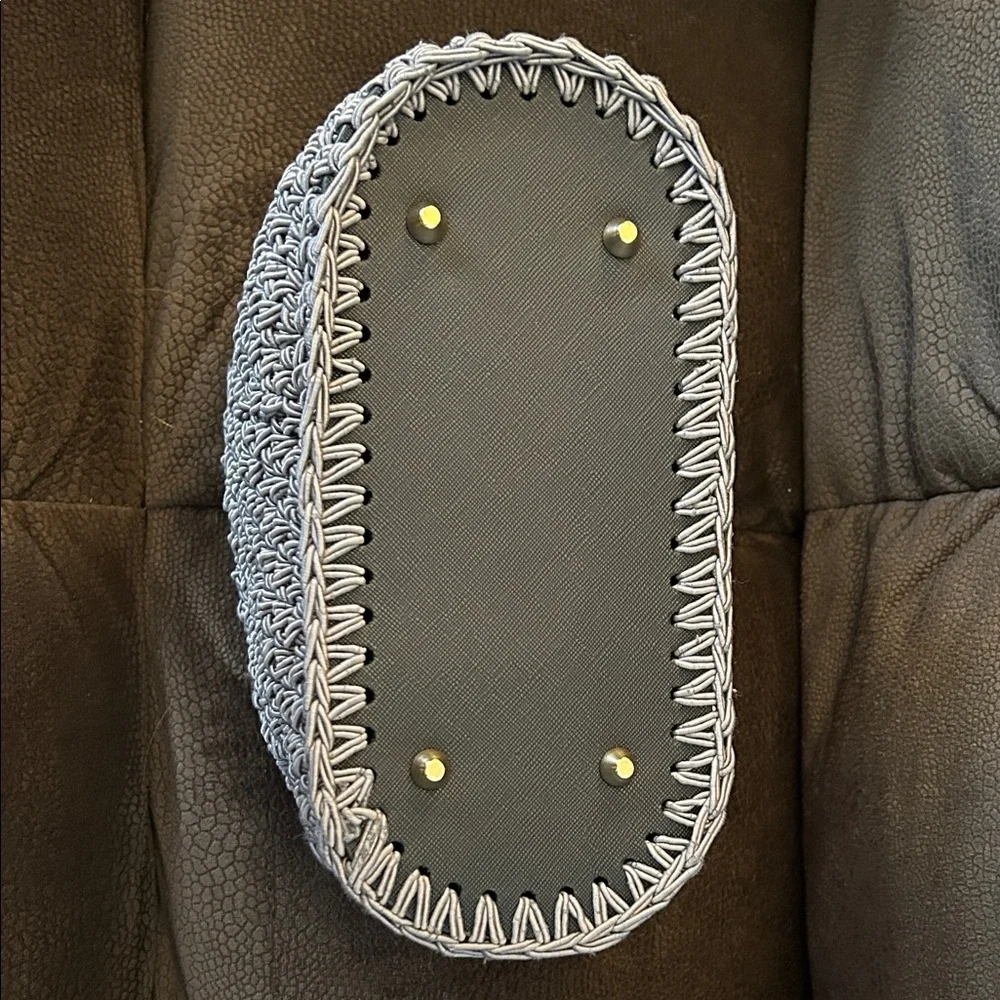 Handmade Gray Crocheted Basket with Black Leather Bottom